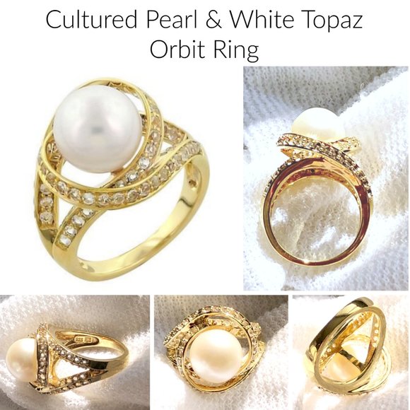 Cultured Pearl & White Topaz Orbit Ring - Picture 1 of 6